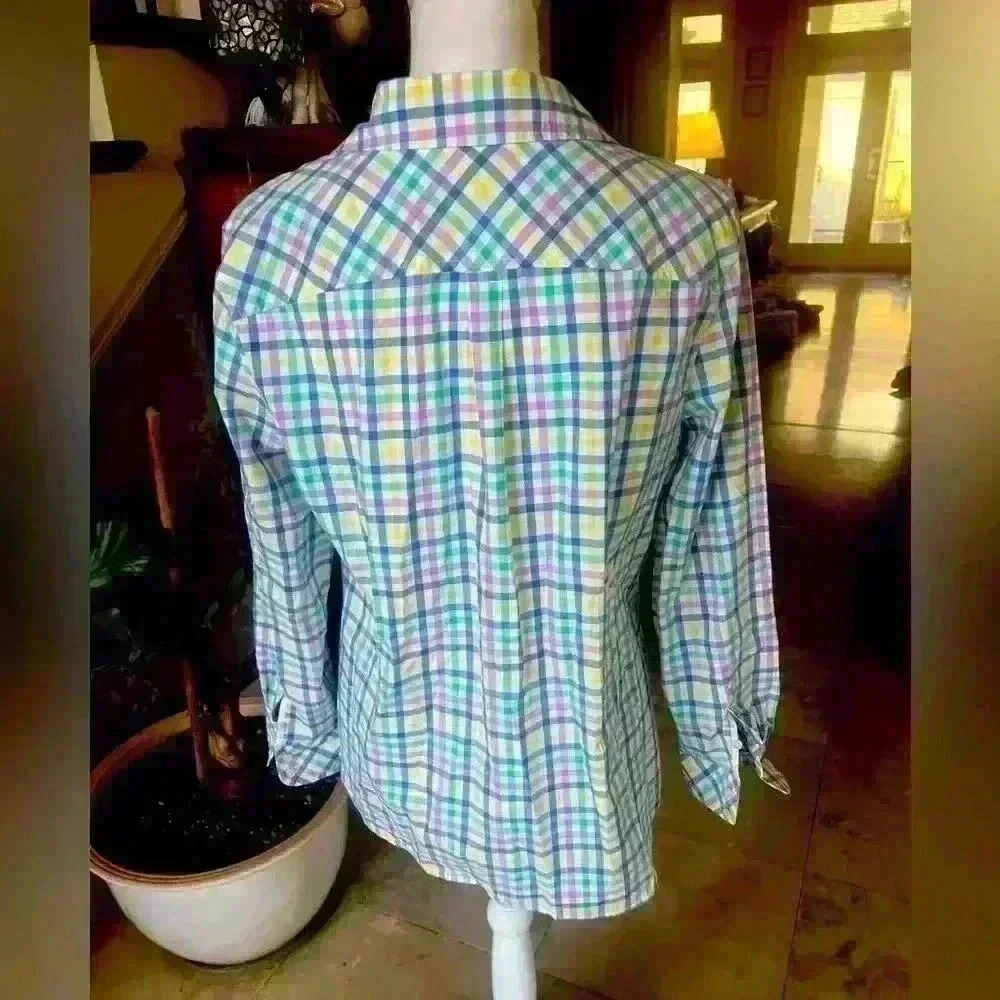Talbots ladies cotton blouse Large. NWOT. Checker stripes colorful. Long sleeve - Picture 6 of 9
